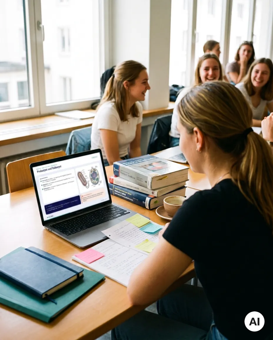 Lerngruppe am Tisch, Laptop mit der MEDBRO-Lernplattform im Vordergrund