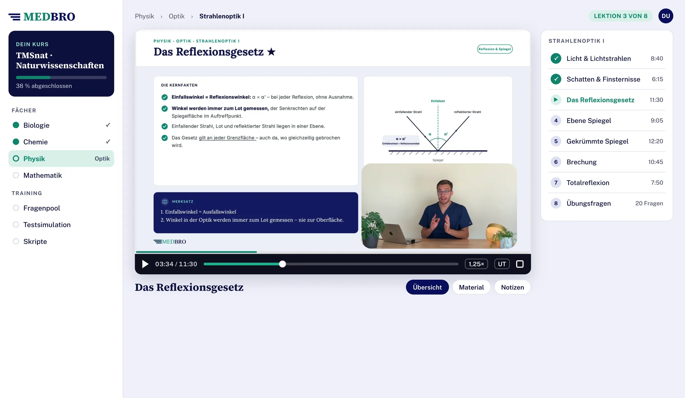 Lehrvideo „Das Reflexionsgesetz“ im Videoplayer der Lernplattform